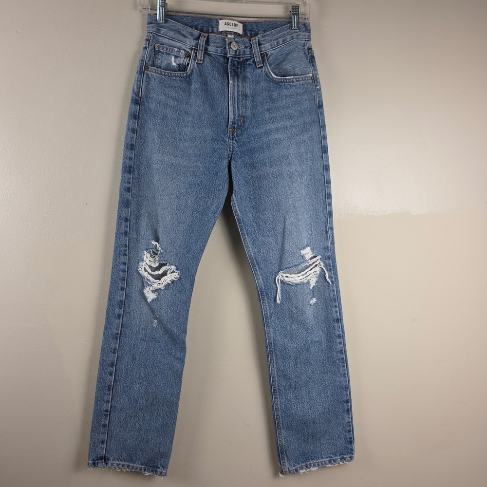AGOLDE Women 24 High Rise Straight Leg Distressed Jeans Medium Wash Blue Cotton